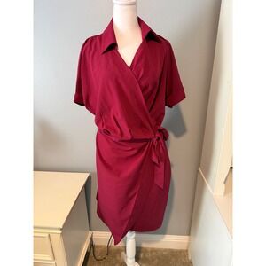 ShopWonder Womens 2XL Burgundy Short Sleeve Collared Wrap Dress wine Tie Waist